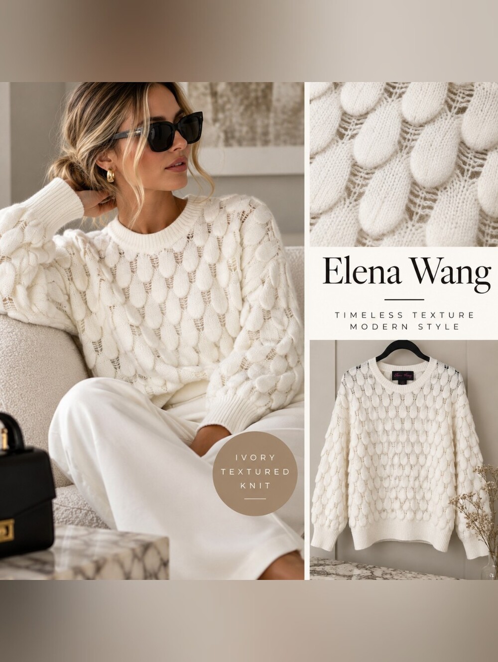 Elena Wang Off White 3D Textured Petal Open Knit Sweater